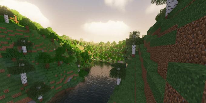 O captură de ecran a unei lumi Minecraft cu shadere personalizate.
