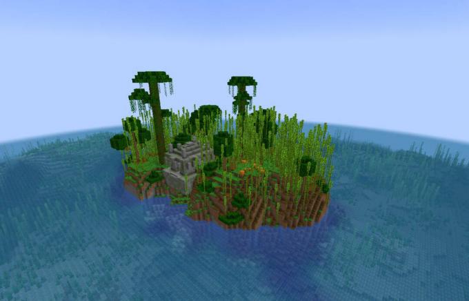 Mali otok u džungli s hramom u džungli.
